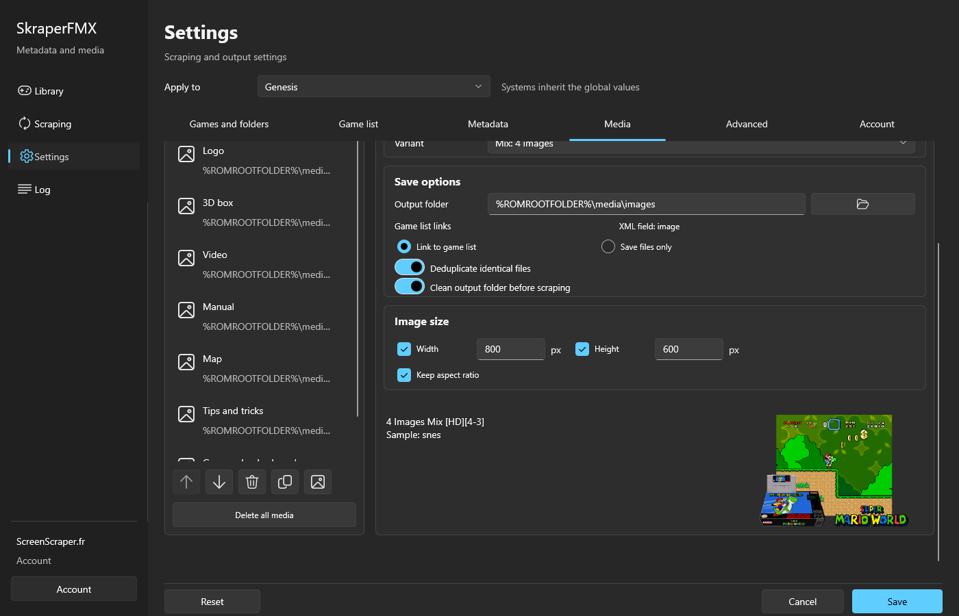 Development build showing media settings, output folder, image size and an example media mix.