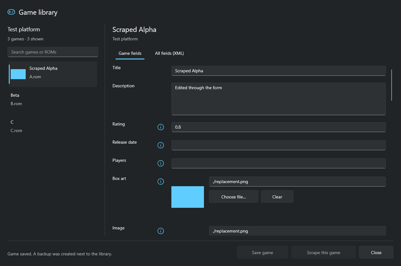 Development build of the RetroScraper metadata editor showing a game list and editable game fields.